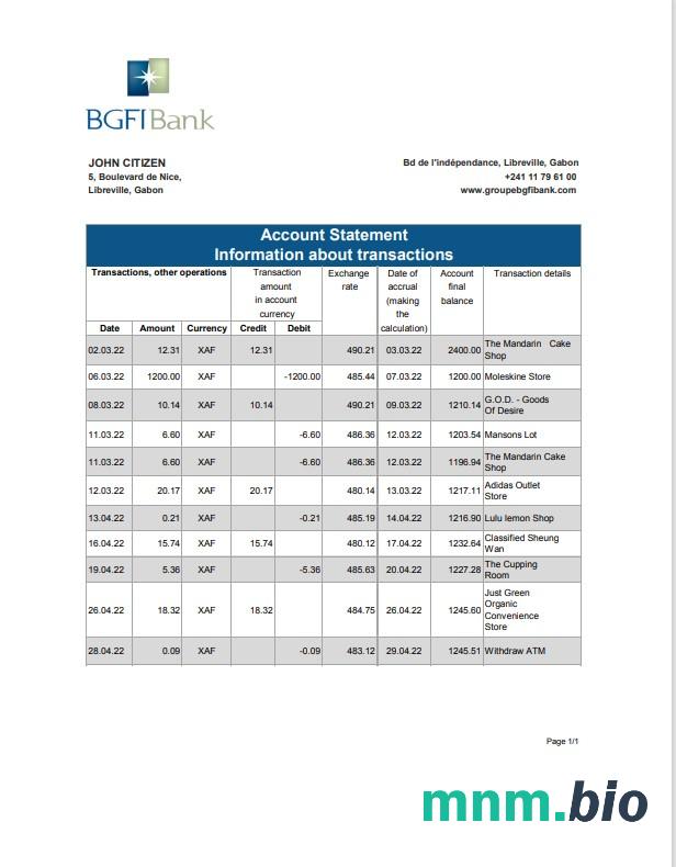 Szablon wyciągu bankowego Gabon Alios Finance w programie Word i PDF